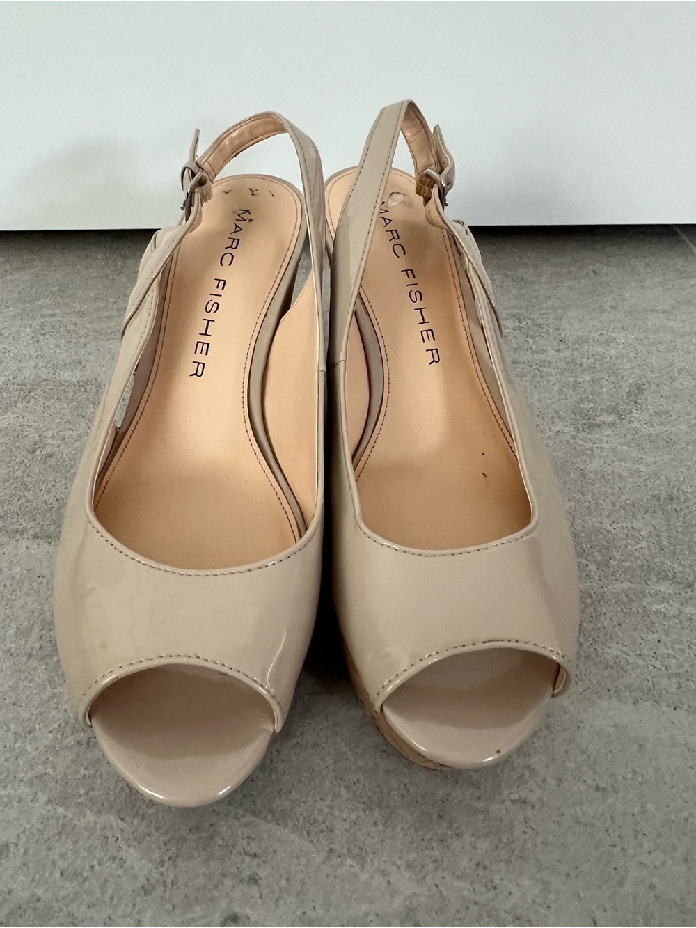 Marc Fisher Beige Patent Peep Toe Slingback Wedges size 8